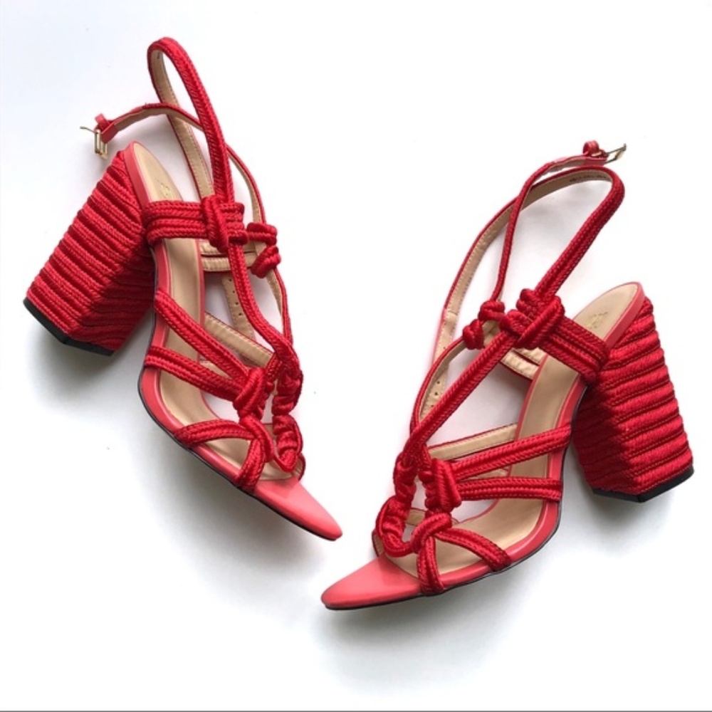 Cabi Tiptoe Red Braided Block Heel Sandals